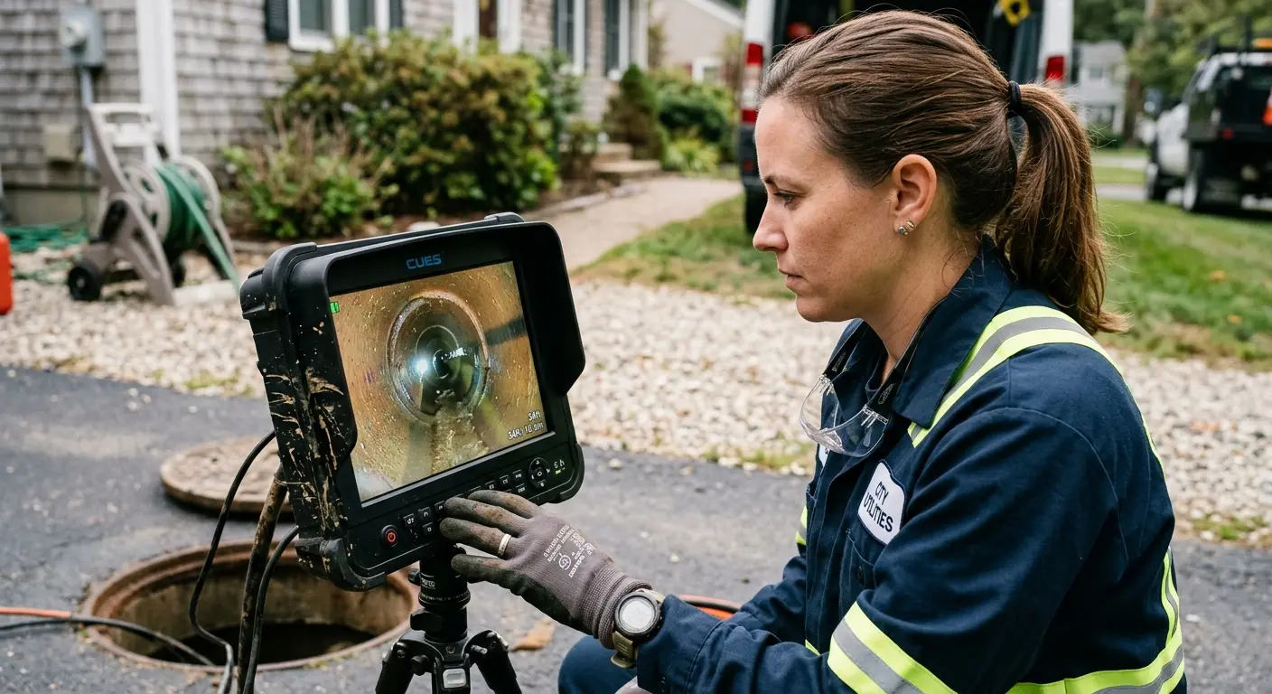 Technician reviewing sewer camera inspection footage in Berea