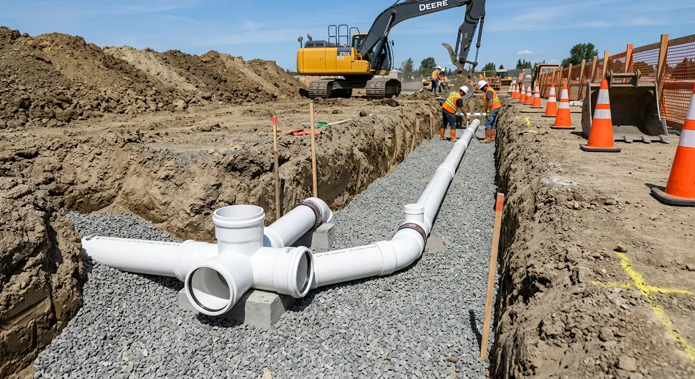 New PVC sewer pipe installation in open trench for Sewer Backup in Berea
